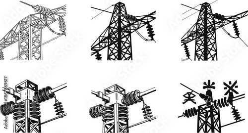Collection of industrial high voltage power line silhouettes and detailed electric transmission tower components for energy infrastructure and engineering design projects