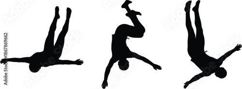 Three acrobatic human silhouettes performing dynamic flips and aerial movements vector illustration isolated on white background for sports action design