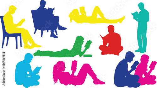 Colorful silhouettes of diverse people reading in various poses, symbolizing education, relaxation, diversity, creativity, and book culture.