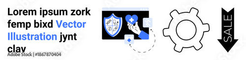 Cybersecurity, e-commerce, healthcare, online protection, automation, sale promo. Visual includes shield with medical icon, gear cogwheel and sale arrow. Cybersecurity and e-commerce idea