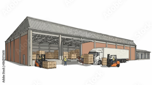 Warehouse loading dock with forklifts and delivery truck.