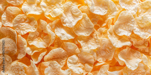 A closeup of cornflakes, scattered without pattern or order, creates a visually appealing wallpaper against a background.
