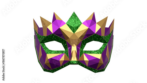 A colorful Mardi Gras mask with purple, green, and gold glittery details on a white background