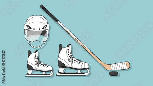 A vector graphic illustration of ice hockey equipment on a solid background