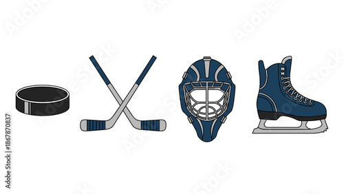 A set of hockey equipment icons including a puck, crossed sticks, goalie mask, and skate