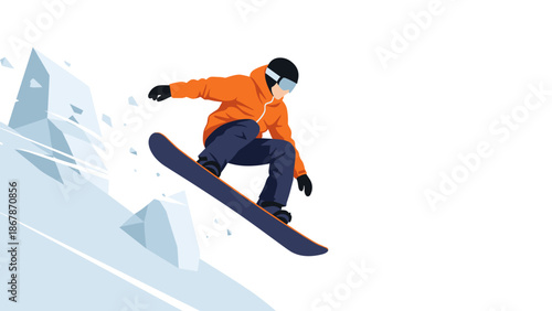 A vibrant illustration of a snowboarder in mid-air, performing a trick on a snowy slope with a mountainous backdrop.