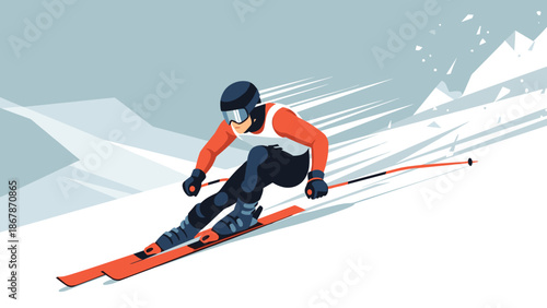 A vector graphic illustration of a skier in motion on a snowy mountain slope