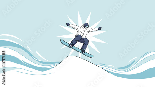 A vector graphic illustration of a snowboarder in mid-air, performing a trick on a snowy wave with a stylized sunburst in the background.