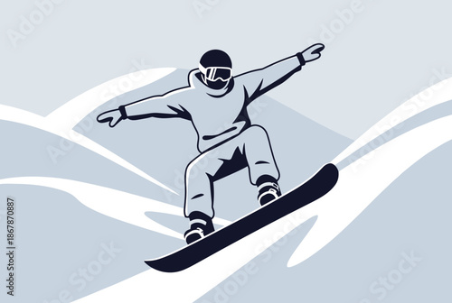 A vector graphic illustration of a snowboarder in mid-air, performing a trick on a snowy slope