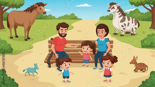 Family enjoying a day at the zoo with various animals.