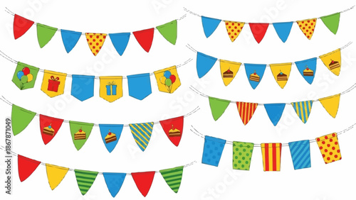 Colorful birthday party bunting flags decoration for celebration.