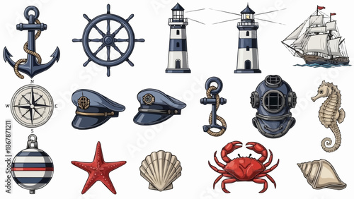 Nautical objects and symbols collection for maritime themes.