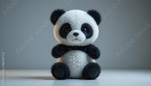 Soft stuffed panda toy with fluffy texture, clean studio lighting