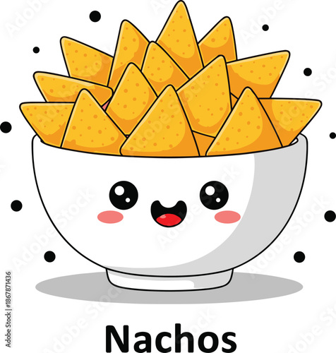 Cute cartoon nachos bowl with smiling face and text for food illustration, snack branding, kids menu, and playful design