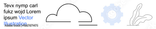 Cloud computing, digital transformation, data storage, system integration, innovation, abstract design. Minimalist cloud, gear symbol and organic element. Cloud computing and digital transformation