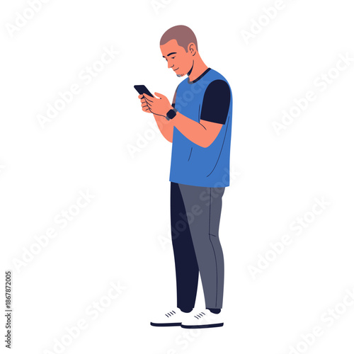 Man Using Smartphone, Texting, Browsing Internet, Modern Communication, Isolated on White
