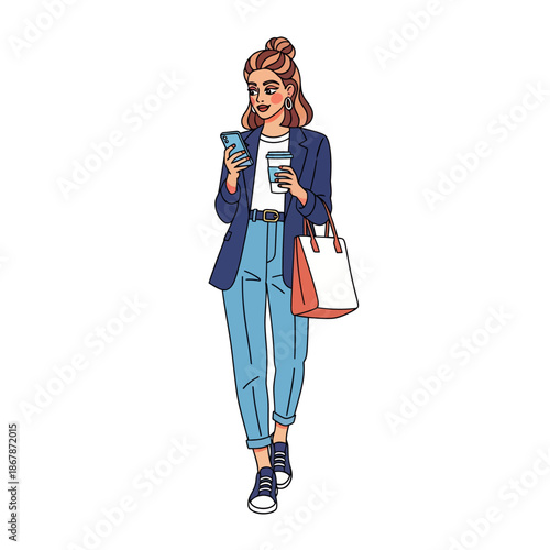 Woman walking with coffee and phone, stylish outfit, casual business look, isolated on white