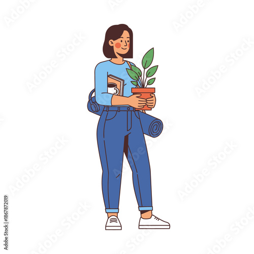 Young woman carrying potted plant, book, and yoga mat, ready for a day of growth and wellness.