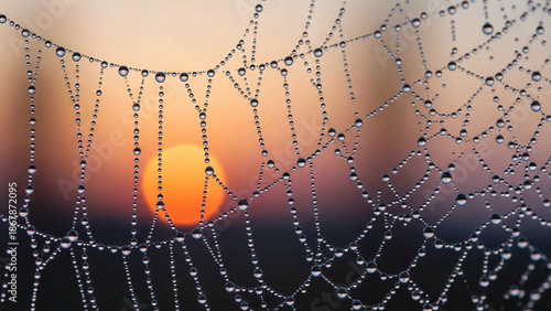 Intricate spider web pattern with morning dew drops on dark background