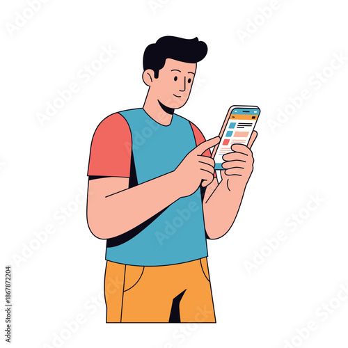 Man Using Smartphone, Browsing Social Media Feed, Modern Flat Illustration