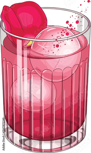 Elegant red cocktail with spherical ice cubes and flower garnish in grooved glass, vector for beverage, luxury and hospitality themes.