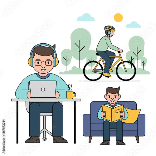 Modern Lifestyle: Remote Work, Cycling, and Reading - Diverse Activities