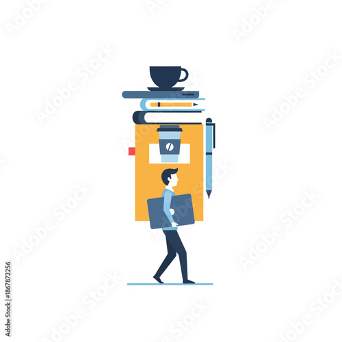 Overloaded worker carrying heavy stack of books, laptop, and coffee mug