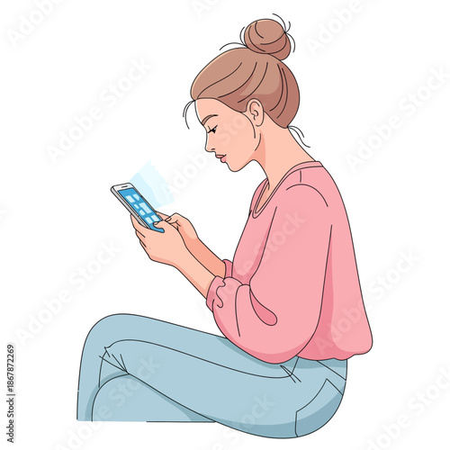Young woman with hair bun using smartphone, light blue jeans, pink sweater, vector illustration
