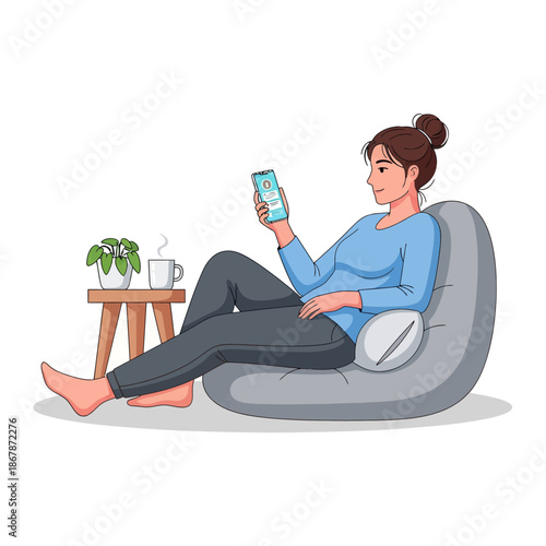 Young woman relaxing on bean bag chair using smartphone, coffee and plant nearby