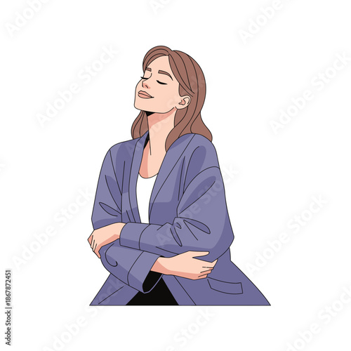 Woman enjoying a moment with eyes closed, serene, peaceful, relaxed, confident, stylish outfit