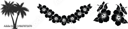 Tropical palm tree and hibiscus flower silhouette vector set for summer beach island floral decoration and exotic nature designs projects