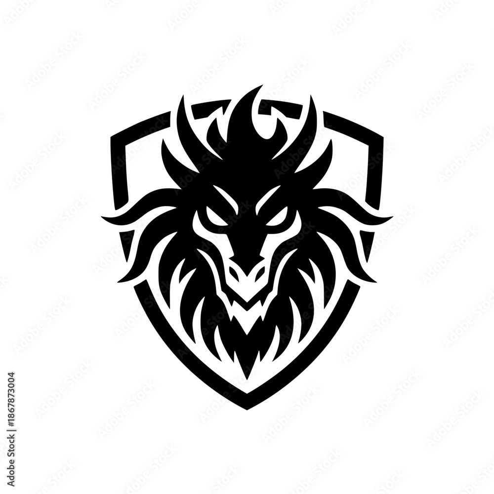 Obraz premium Dragon head silhouette logo inside shield.