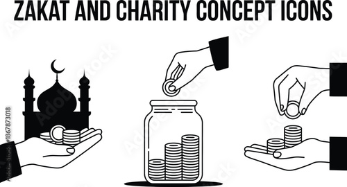 Zakat and charity concept icons illustration with mosque and coins on white background Vector illustration