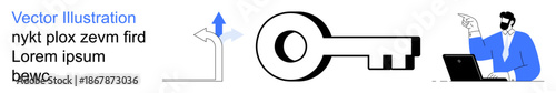 Security, navigation, technology, remote work, guidance, data access. Image shows a key, curved arrow and man with a laptop pointing. Security and navigation concept