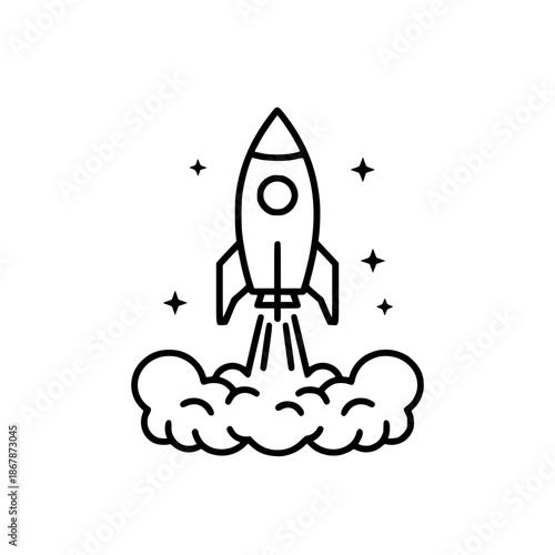 Line art illustration of a rocket taking off into outer space.