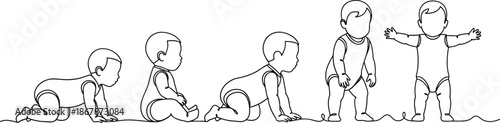 Baby development stages from crawling to walking, minimalist line art illustration showing infant growth milestones sequence vector design for education