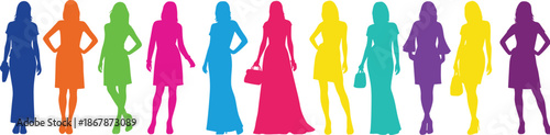 Colorful women silhouettes fashion collection illustration featuring diverse female figures dresses poses style diversity vector design isolated background