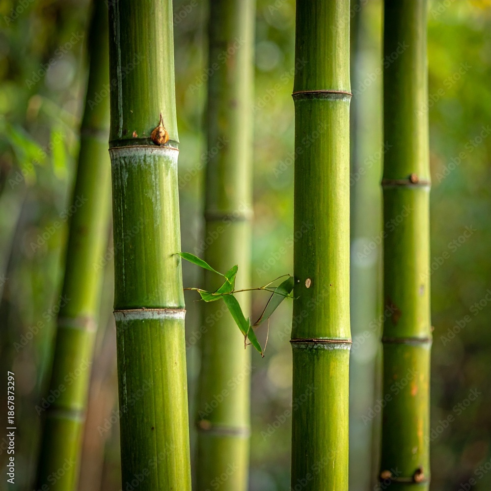 Fototapeta premium Close-up of vibrant green bamboo stalks in a lush forest setting, capturing natural beauty.