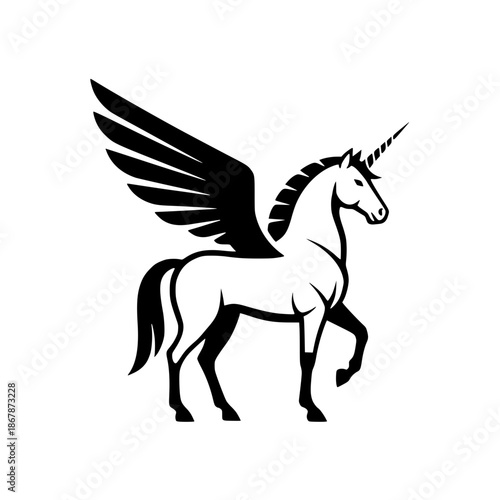 Winged Mythical Unicorn Vector Illustration with Spiral Horn Minimalist Style
