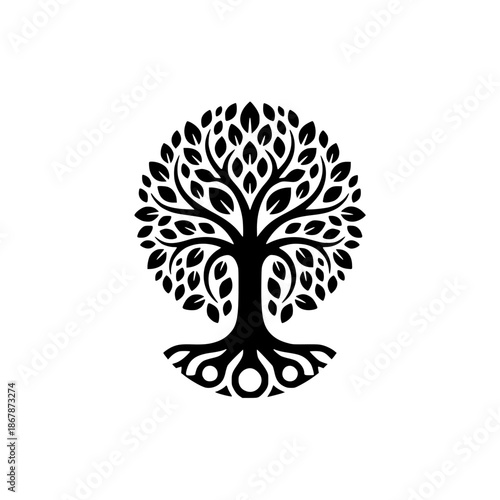 Tree of life silhouette illustration with roots and lush leaves