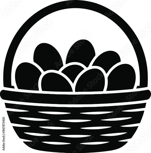 Black and white illustration of a wicker basket filled with eggs isolated on white background.