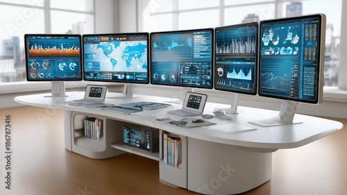 Advanced Tech Setup: A sleek, modern workstation featuring multiple monitors displaying complex data analysis, offering a glimpse into the cutting-edge of technological advancement.