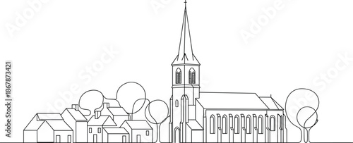 Minimal line art village church skyline illustration with European houses trees architecture townscape vector design isolated black white outline