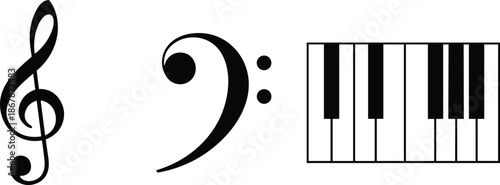 Music symbols illustration showing treble clef bass clef and piano keyboard keys isolated minimalist black white vector design for stock
