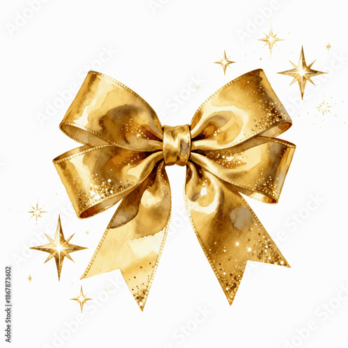 Pretty Gold Ribbon Golden Bow isolated watercolor vector illustration svg