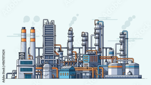 Modern Industrial Chemical Plant with Tall Towers and Pipes.