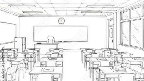 Empty Classroom with Desks and Whiteboard Illustration.