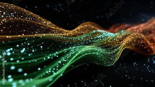 Flowing Particle Stream: An artistic portrayal of interconnectedness, as a vibrant stream of particles, with varying colors, gracefully weaves through space against a dark, star-studded backdrop.