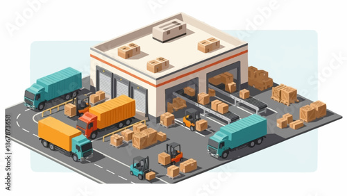 Logistics warehouse with trucks and cargo containers isometric view.
