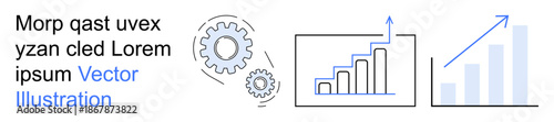 Innovation, business analytics, data processing, workflow, progress tracking, strategy planning. Gear mechanism paired with bar charts. Innovation and business analytics concepts